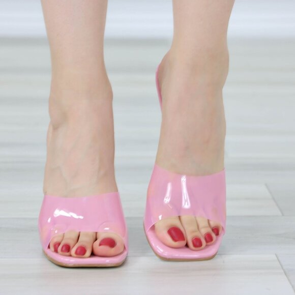 Clear Pink High Heel Sandals Square Open Toe Slip On Mules Stiletto's - Picture 2 of 13